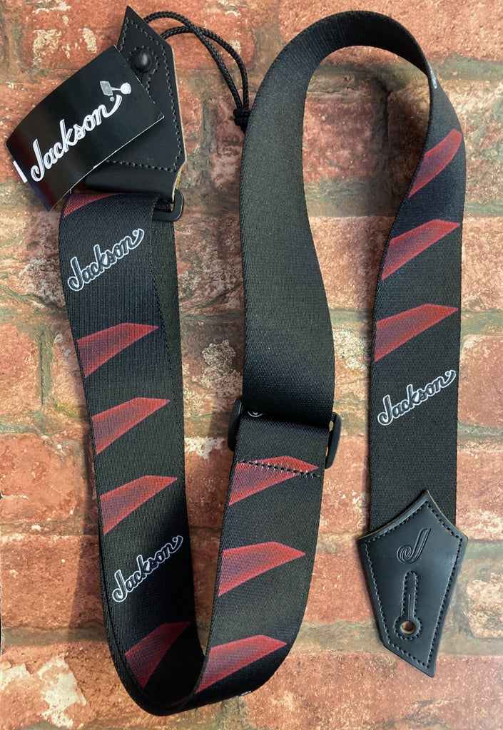 Jackson Black & Red Deluxe Guitar Strap, Headstock Graphic, Black Leather Ends