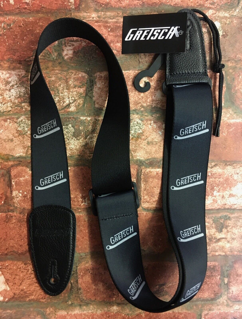 Gretsch Black Webbing Grey Vibrato Arm Deluxe Guitar Strap, Black Leather Ends