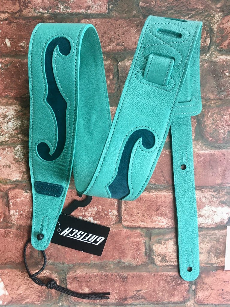 Gretsch F-Holes Deluxe Leather Strap, Surf Green w/ Dark Green F-Holes, 3" Wide
