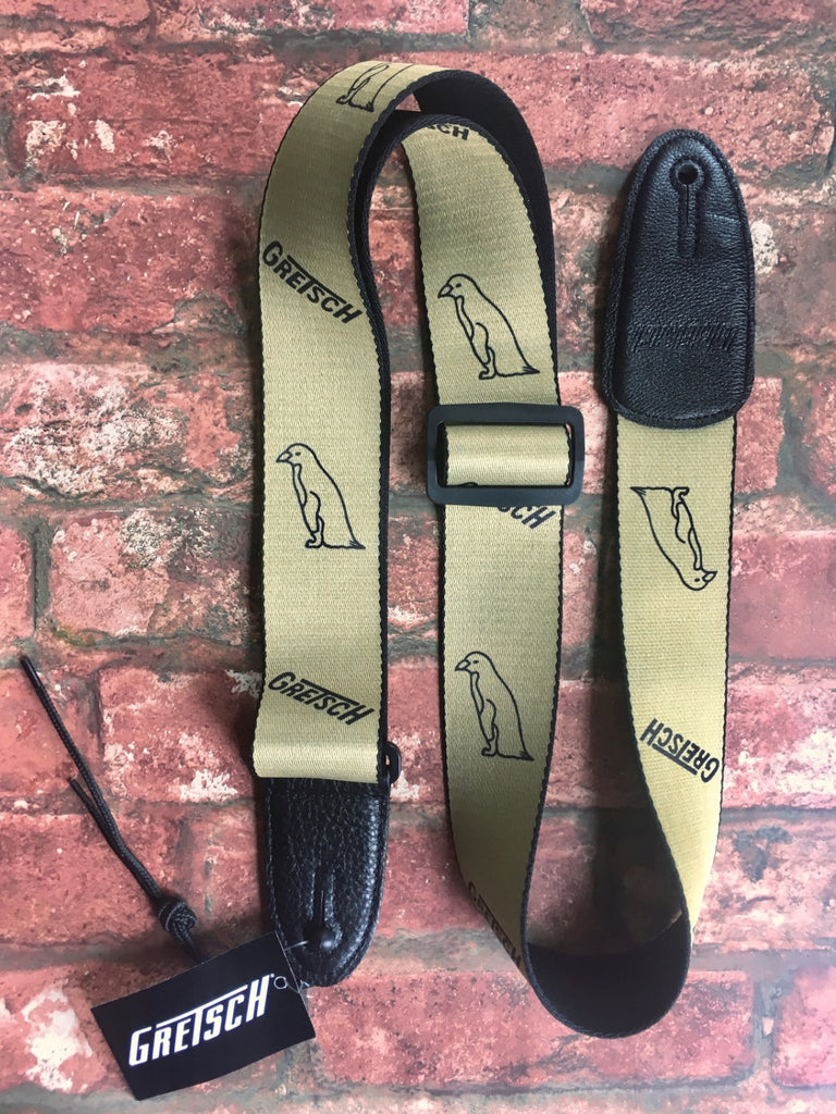 Gretsch Penguins Guitar Strap, Grey Polyester Webbing with Black Leather Ends