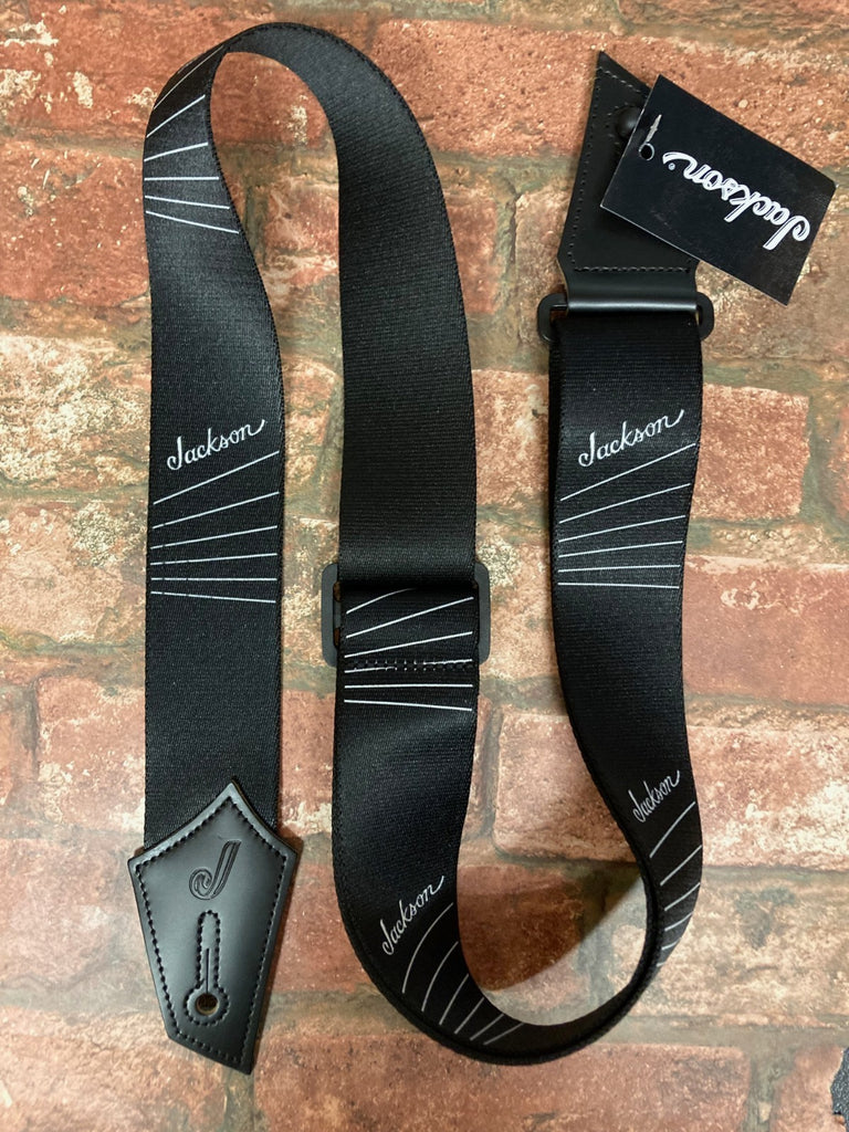 Jackson Black Webbing 'Strings' Graphic Deluxe Guitar Strap, Black Leather Ends